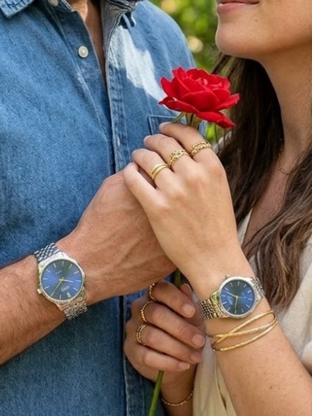 🆕 Jones New York His & Hers Watch Chrome Blue Face Bracelet Watch Gift Set